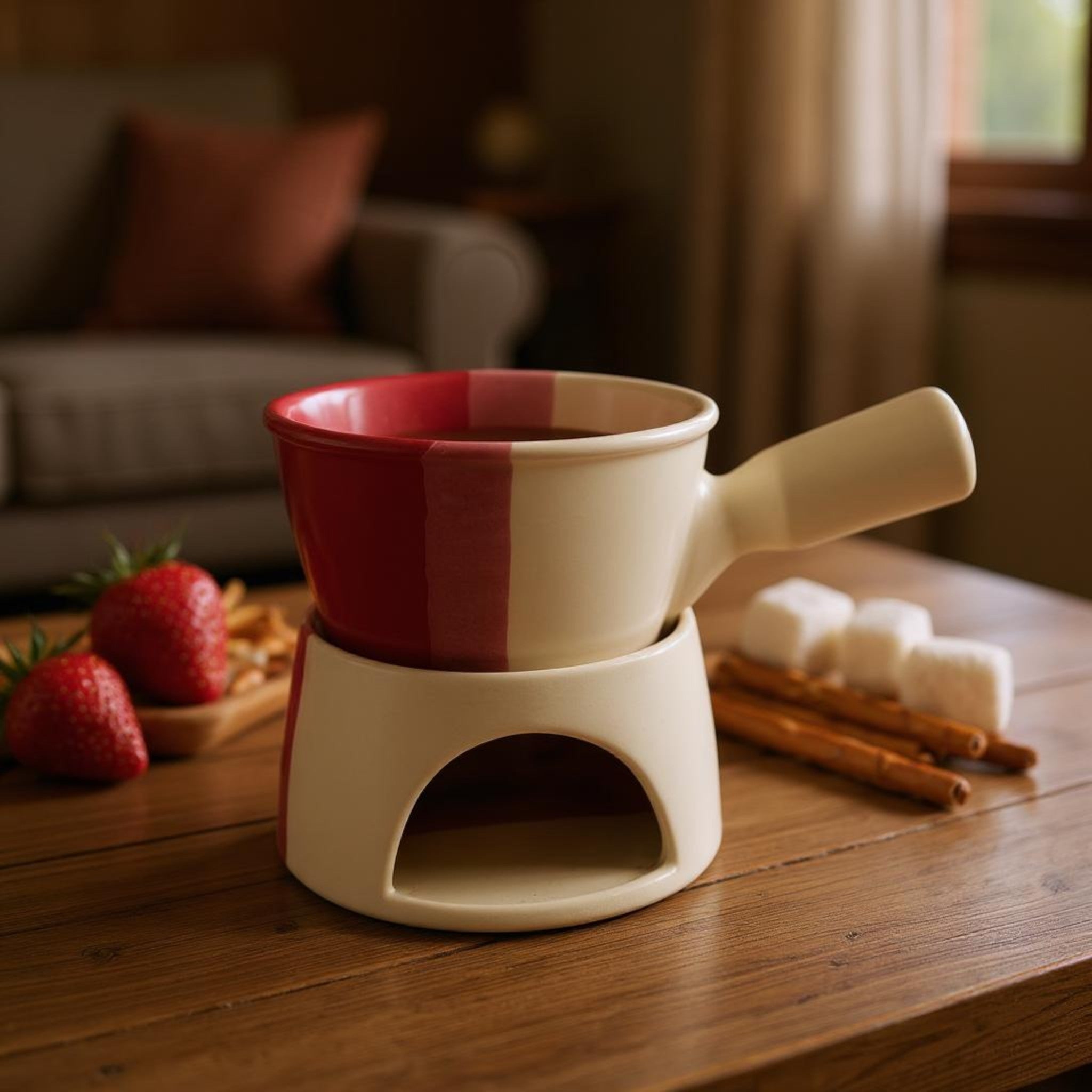 Red and white ceramic fondue pot on a wooden table with strawberries and marshmallows.